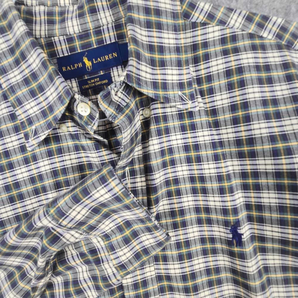 Ralph Lauren Shirt Mens Medium Multi Color Slim Fit Stretch Oxford Plaid Pony